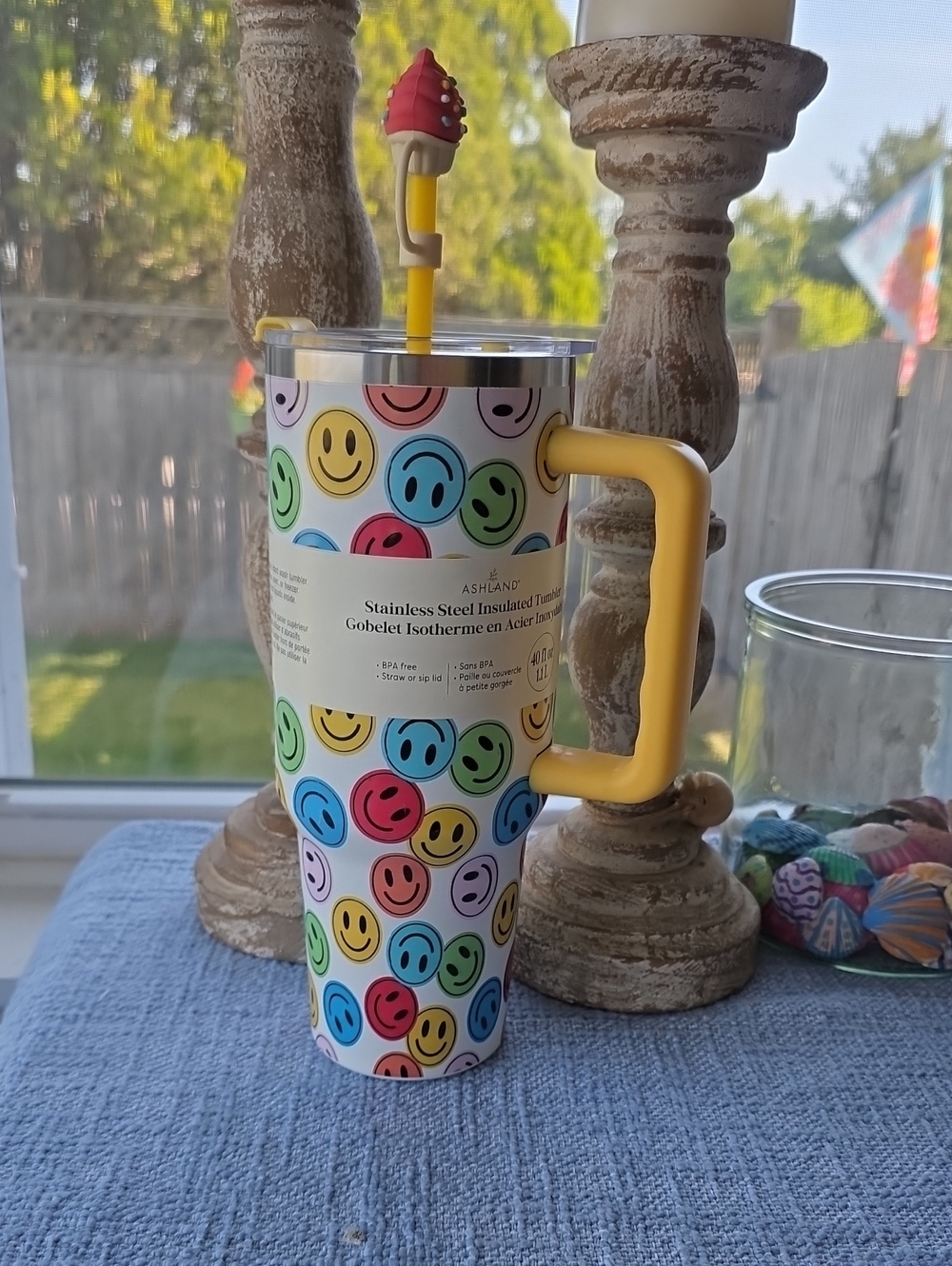 Ashland White Tumbler with Yellow Handle and Multicolor Smiley Faces - Picture 2 of 5